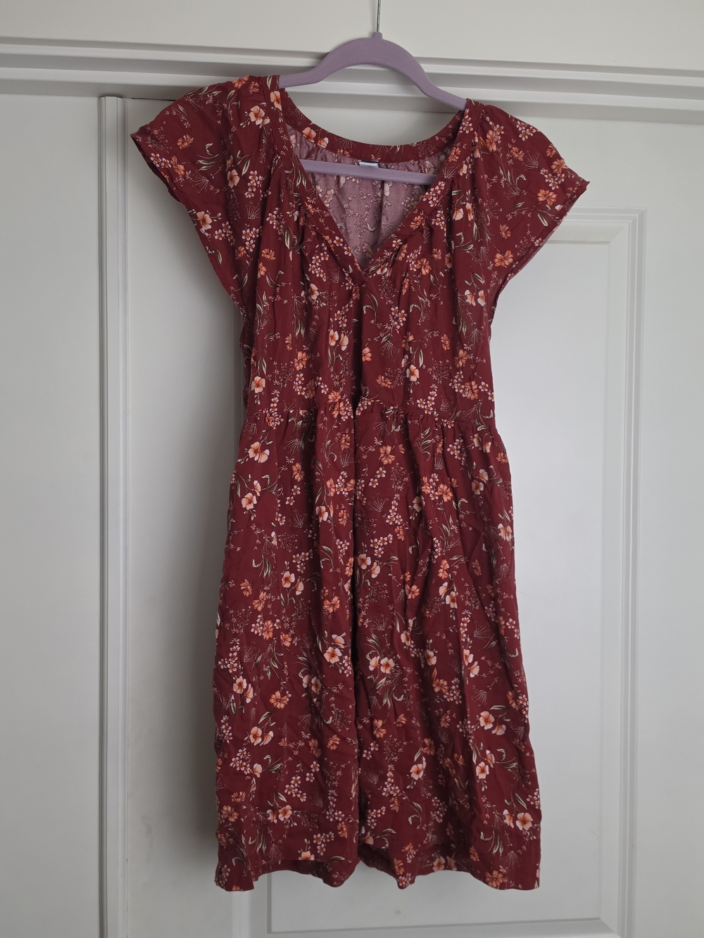 Floral Short-Sleeve Midi Dress in Deep Red